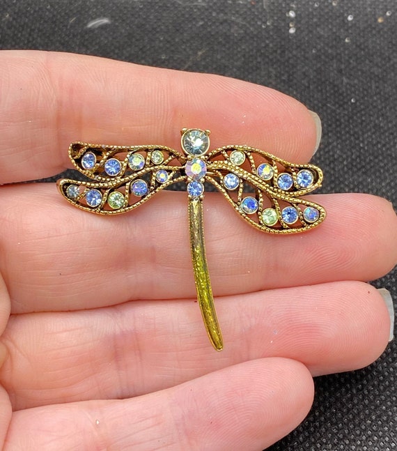 Vintage Rhinestone Enamel Dragonfly Pin - Main Image
