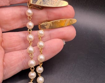 Vintage Sweater Clips Sweater guards Gold Tone with Faux Pearls Engraved