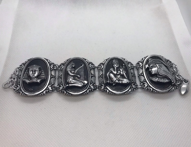 Egyptian Revival Metal Carved Made in West Germany Bracelet King Tut Pyramids Cleopatra