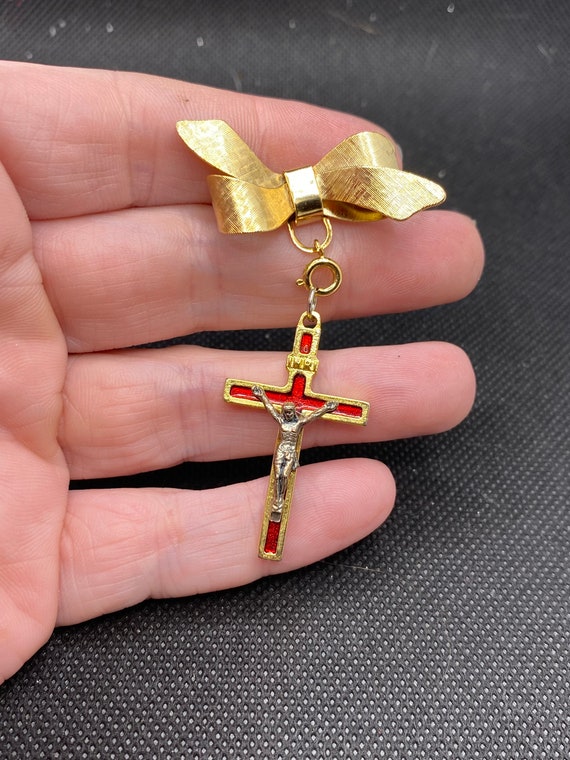 Vintage Bow Pin with Red Enamel Crucifix made in I