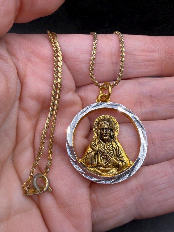 Vintage Sacred Heart of Jesus Mixed Metal Pendant Necklace from Hong Kong View 3