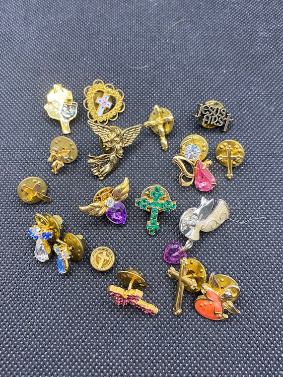 Vintage Lot of Tiny Rhinestone Angel Cross pins