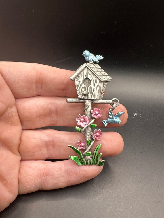 Vintage Bird house Bluebird Pin marked JJ