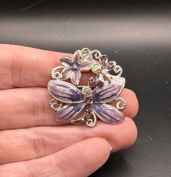Vintage Purple Enamel Rhinestone Butterfly Pin - image 1