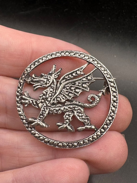 Vintage KIGU Welsh Dragon Silver Tone Brooch Pin