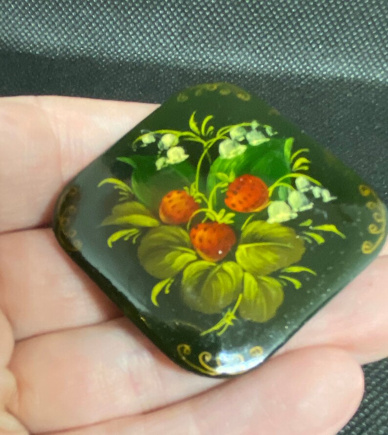 Vintage Hand Painted Russian Lily of the Valley Strawberries Flower Pin
