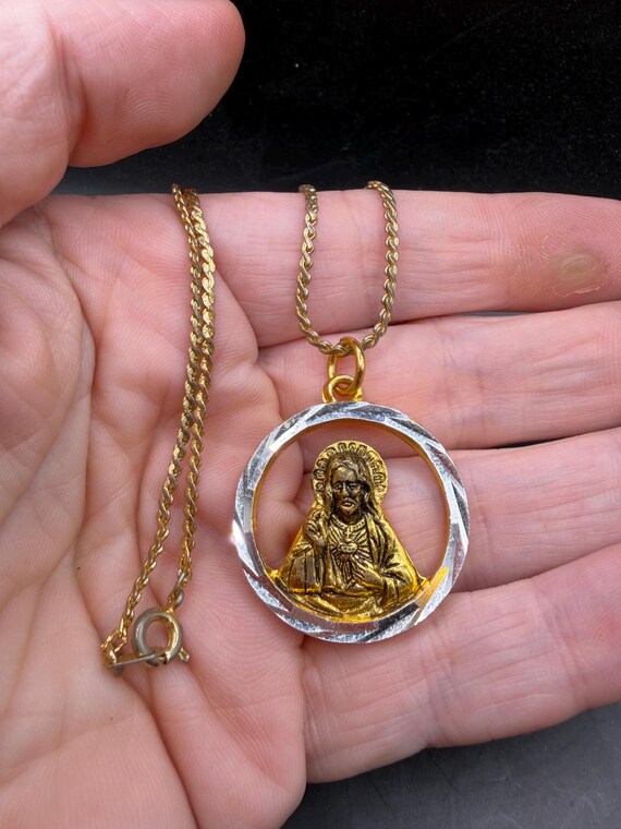 Vintage Sacred Heart of Jesus Mixed Metal Pendant Necklace from Hong Kong View 6