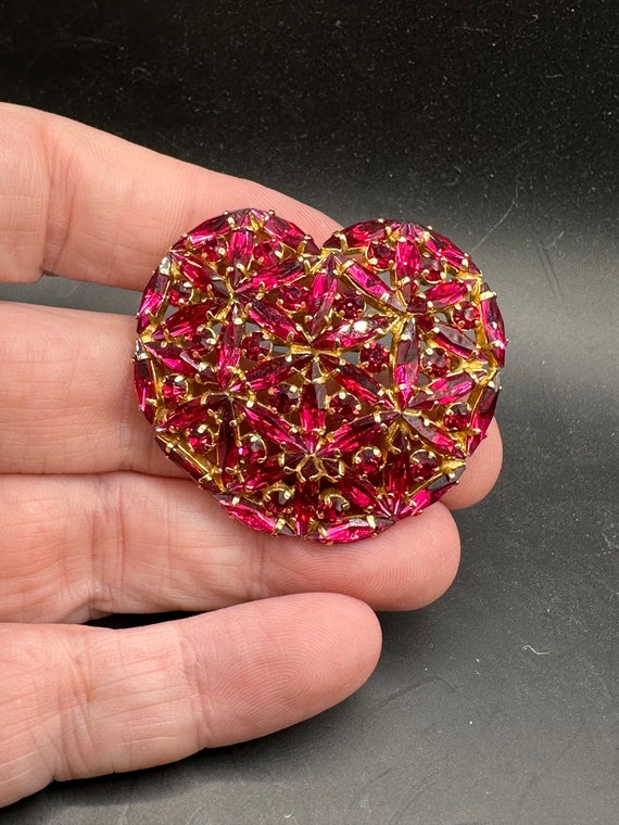 Vintage Pinkish Red Rhinestone Heart Pin made in A