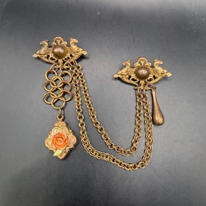 Vintage Fob Swag Brooch Double Pin Charm Chain Chatelaine Sweater Guard Clip Brass Tone Floral Dragons