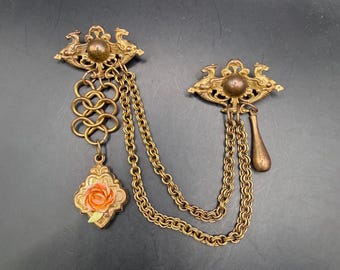Vintage Fob Swag Brooch Double Pin Charm Chain Chatelaine Sweater Guard Clip Brass Tone Floral Dragons