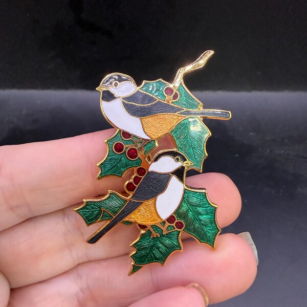 Vintage Chickadees Bird Pin Gold Tone Multicolor Enamel Birds on Holly Branch Brooch Pin