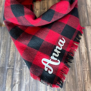 Custom dog bandana, frayed fringe tie-on bandana, personalized dog bandana, buffalo plaid dog bandana, cute dog bandana, Christmas bandana