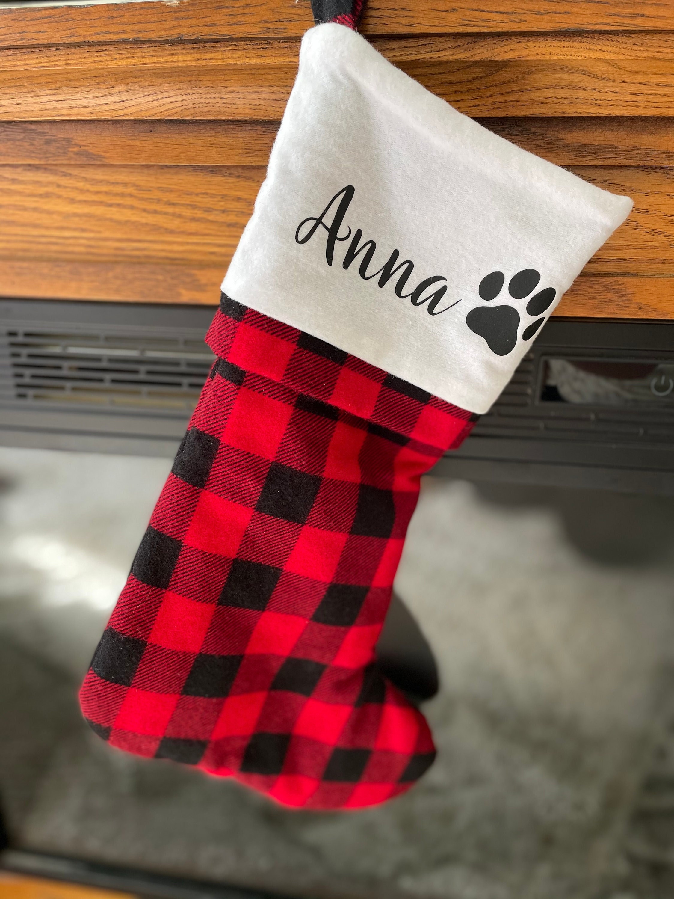 Letter J Buffalo Plaid Monogram Stocking – Red/Black Checkered Christmas Holiday Decor, Large