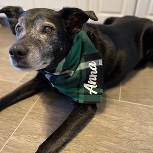 Custom dog bandana, frayed fringe tie-on bandana, personalized dog bandana, green plaid dog bandana, cute dog bandana, plaid dog bandana