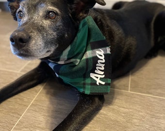 Custom dog bandana, frayed fringe tie-on bandana, personalized dog bandana, green plaid dog bandana, cute dog bandana, plaid dog bandana