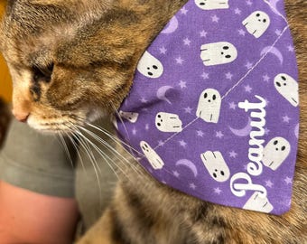 Custom cat bandana, over the collar cat bandana, personalized cat bandana, Halloween ghosts cat bandana, cute cat bandana