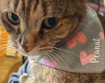 Custom cat bandana, over the collar cat bandana, personalized cat bandana, heart cat bandana light gray, cute cat bandana