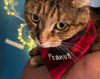 Custom cat bandana, over the collar cat bandana, personalized embroidered cat bandana, lumberjack plaid cat bandana, cute cat bandana