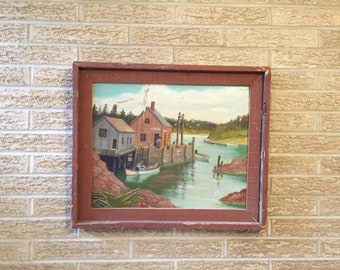 1890s river commerse scene of America/ oil on canvas board/ primitive frame/fantastic use of color