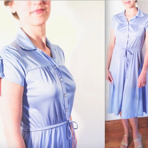 70s bamboo viscose midi shirtdress/ robin egg blue dress/ natural waist-line/ shirtdress/ small 1970s day dress/ small to medium