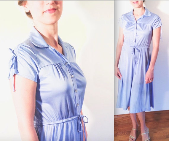 70s bamboo viscose midi shirtdress/ robin egg blu… - image 1