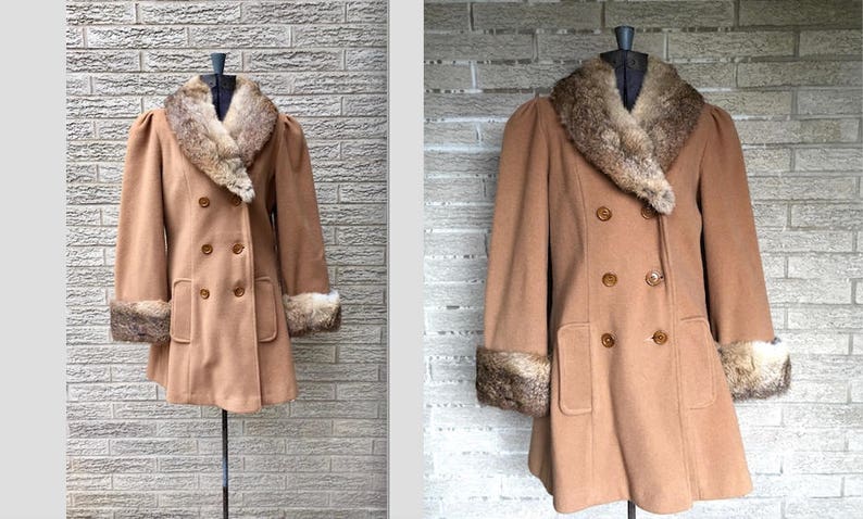 Vintage lambswool peacoat, rabbit lapel and cuffs/ parka length/ flattering/ wool / Small, or a narrow waisted Medium image 2