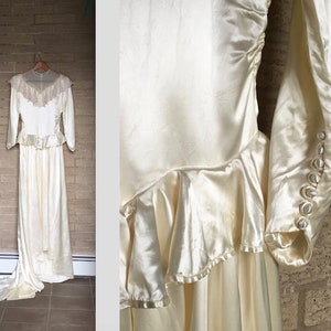 40s Prairie wedding dress/ peplum bodice, liquid satin/ egg shell white, covered buttons antique lace/ ultra fitted bodice extra small