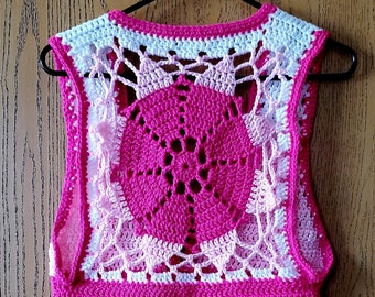 Crochet Hot Pink and White Mandala Vest Women's Medium