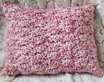 Pink and White Crochet Rectangle Decorative Accent Throw Pillow
