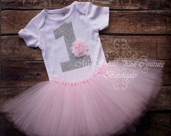 Light Pink 1st Birthday Tutu Outfit Glitter 1st Birthday Outfit First Birthday Shirt Silver Tutu Outfit Cake Smash Outfit 1st Birthday Pink