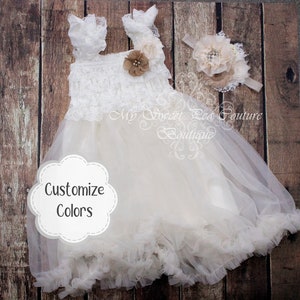 Ivory Lace & Chiffon Vintage Dress- Customize Colors, First Birthday Dress, Ivory Flower Girl Dress, Lace Wedding Dress, Cream Chiffon Dress
