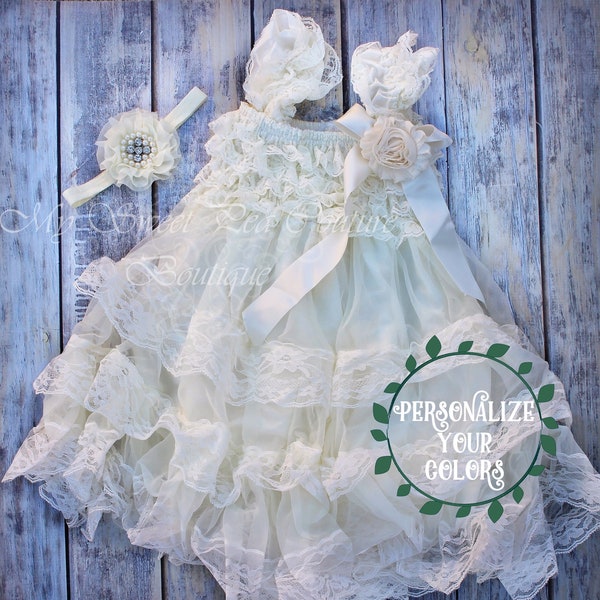 Ivory Lace Chiffon Country Dress- Customize Colors, First Birthday Dress, Ivory Flower Girl Dress, Lace Wedding Dress, Ivory Chiffon Dress
