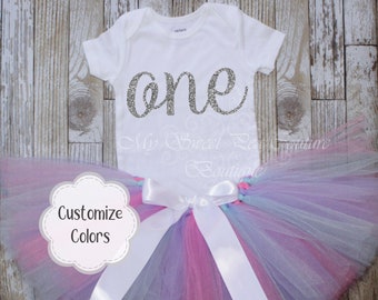 Silver Glitter First Birthday Tutu Outfit- Cake Smash Outfit- 1st Birthday Outfit- Glitter Birthday- First Birthday Outfit- One- Baby Tutu