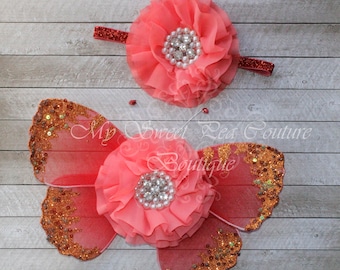 Summer Sunset Red Baby Wing & Headband Set Baby Butterfly Wings Red Wings Baby Butterfly Wings Newborn Wings Newborn Photo Prop Baby Wings