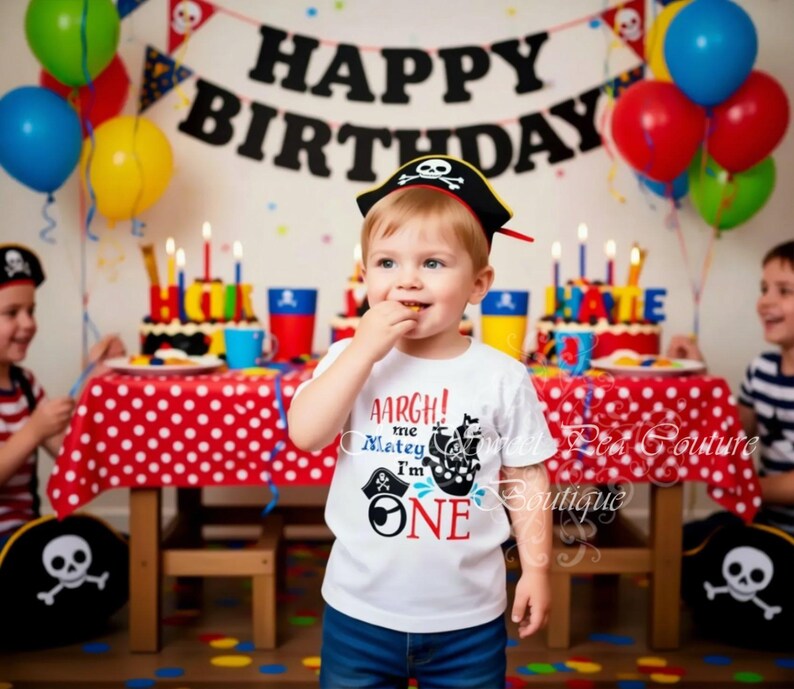 A young child wearing a pirate hat and a white t-shirt with a pirate design is standing in front of a birthday party setup with balloons, a cake, and other decorations.