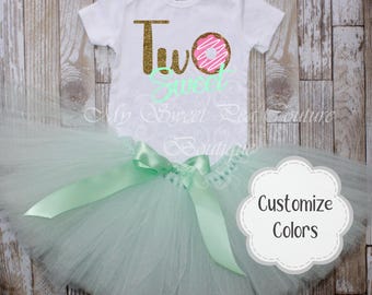 Two Sweet Donut 2nd Birthday Outfit, Cake Smash Ensemble | Vinyl Heat Pressed | Elastic Waist Tutu