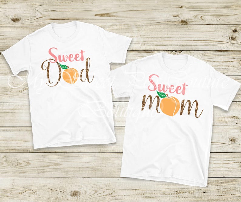 two white t-shirts with the text "Sweet Dad Sweet Mom" printed on them, along with an orange peach graphic.