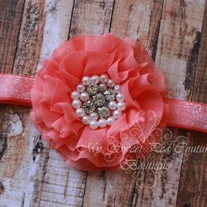 Coral Sparkle Chiffon Ruffle Flower Headband w/ Pearls & Rhinestones- Coral Flower Headband Tropical Headband Baby Headband Glitter Headband