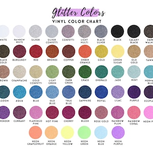 The image is a color chart displaying various glitter colors available in a vinyl material.