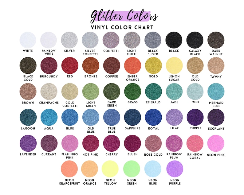 The image is a color chart displaying various glitter colors available in a vinyl material.
