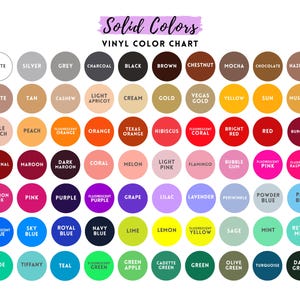The image is a color chart with solid colors and their corresponding vinyl color names. It displays a grid of color names and their corresponding color names, providing a visual representation of the available color options.