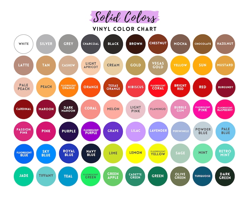 The image is a color chart with solid colors and their corresponding vinyl color names. It displays a grid of color names and their corresponding color names, providing a visual representation of the available color options.