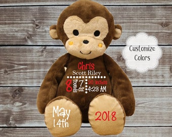 Keepsake Monkey Personalized Keepsake Birth Announcement Baby Gift Keepsake Stuffed Animal Baptism Gift Stats Monkey Baby Boy Gift Keepsake