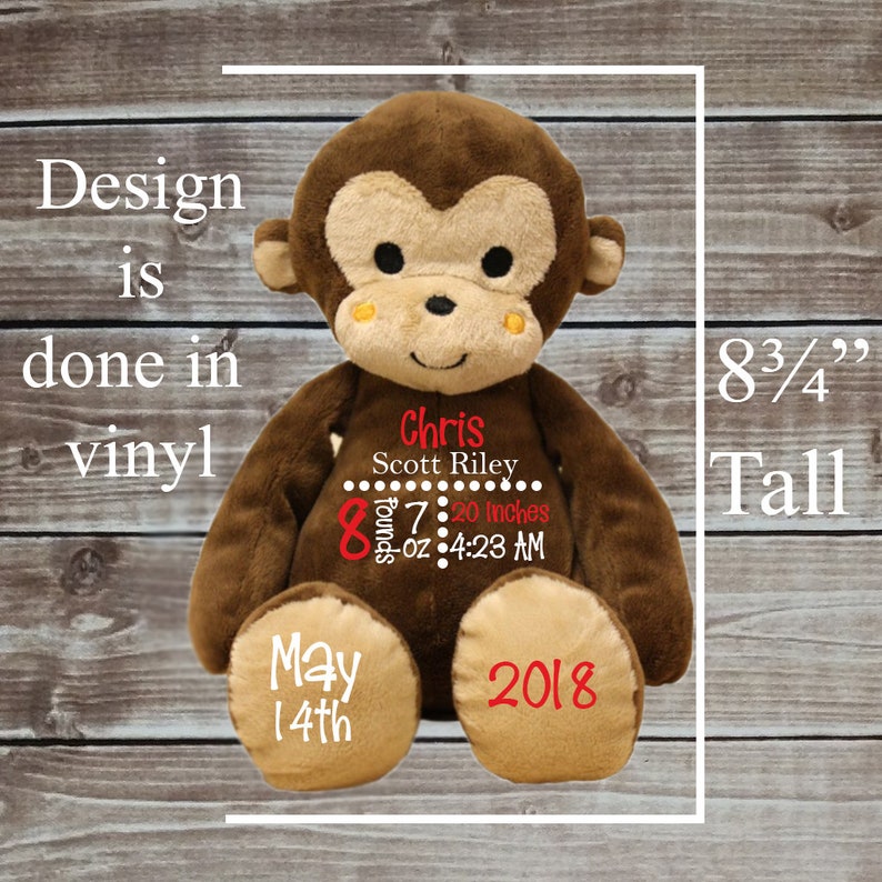 Keepsake Monkey Personalized Keepsake Birth Announcement Baby Gift Keepsake Stuffed Animal Baptism Gift Stats Monkey Baby Boy Gift Keepsake image 2