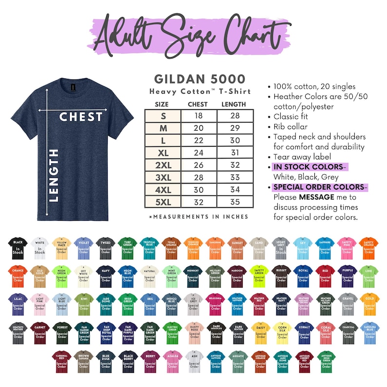 The image is an adult size chart for a GILDA 5000 heavy cotton T-shirt. It includes a chart with measurements in inches and a list of color options, along with a list of color options and their corresponding measurements. The chart and color options are presented in a visually appealing manner, with a variety of colors and sizes available for the shirt.