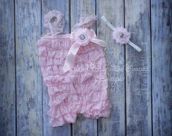 Elegant Light Pink Lace Romper & Headband Set for First Birthday, Cake Smash, Newborn Photoshoot