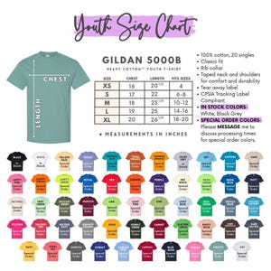The image is a youth size chart for a GILDA 5000B heavy cotton youth t-shirt. It includes measurements in inches and a list of available colors, along with a special order message for discussing processing times.