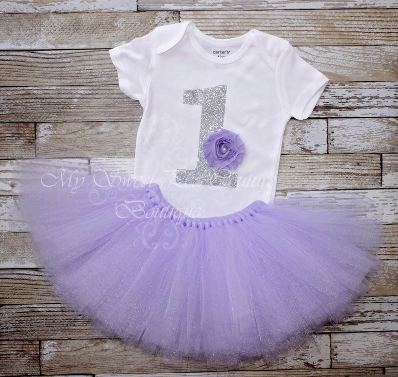 Lavender 1st Birthday Tutu Outfit Glitter 1st Birthday Outfit First Birthday Shirt Silver Tutu Outfit Cake Smash Outfit 1st Birthday Flower