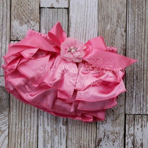 Pink Satin Ruffle Bloomers- Diaper Cover - Baby Girl Outfit- Newborn Outfit - Cake Smash Outfit- First Birthday Bloomers Photo Prop