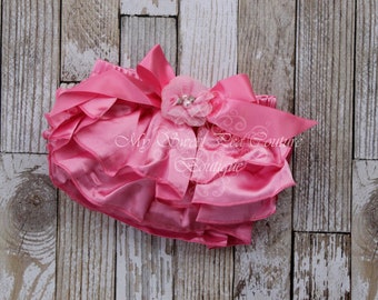 Pink Satin Ruffle Bloomers- Diaper Cover - Baby Girl Outfit- Newborn Outfit - Cake Smash Outfit- First Birthday Bloomers Photo Prop